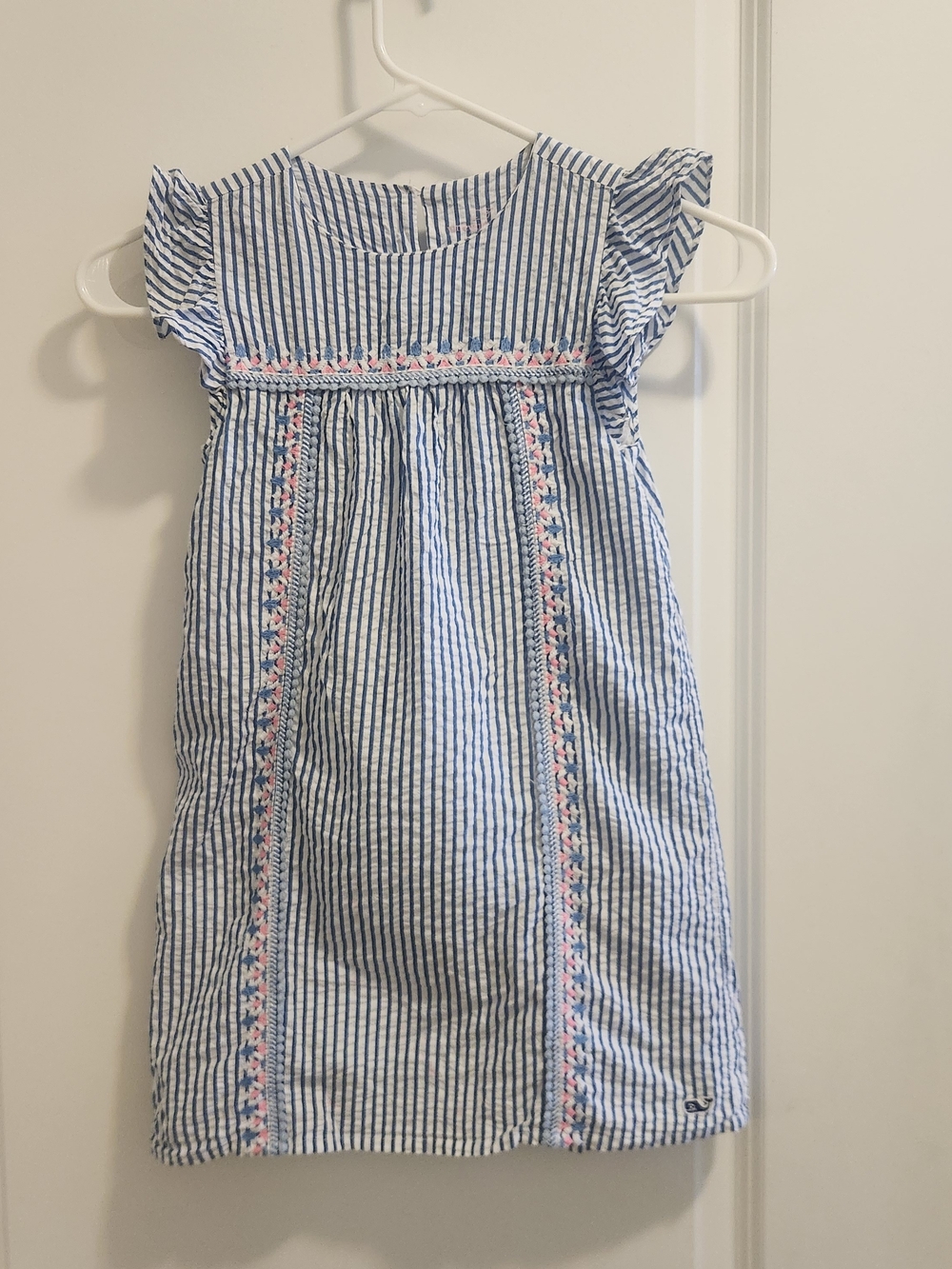 Vineyard Vines Blue & White Searsucker  Girls' Dress with Pink Trim